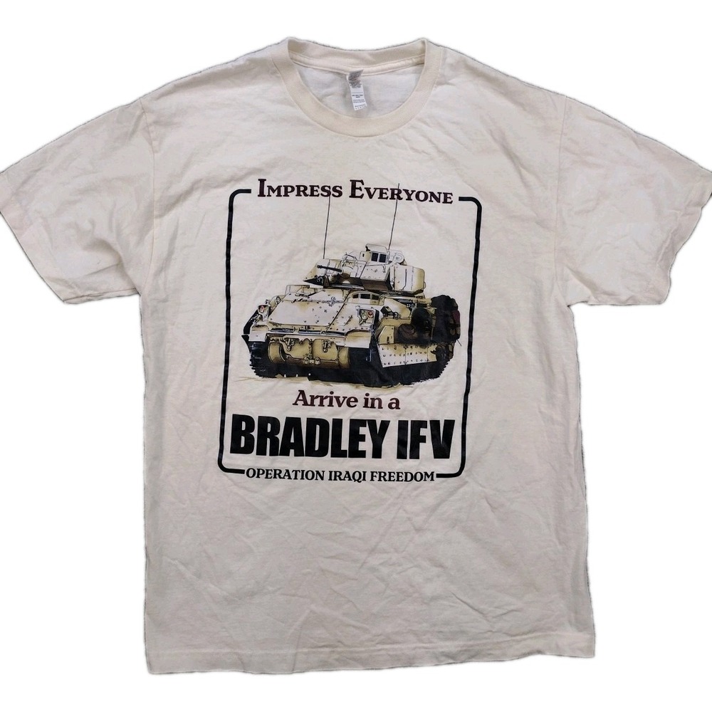 Vintage 1990s Rare Impress Everyone Arrive in a Bradley IFV Iraq War TShirt XL